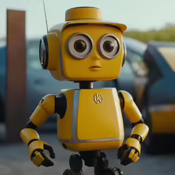 a yellow robot is standing near some cars