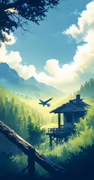 an illustration of a plane in the air by a forest