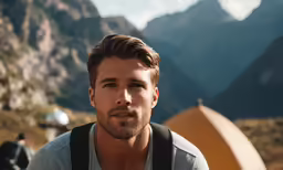 a man with backpack staring at the camera