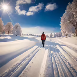 a person walking in snow across a field
