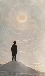 the silhouette of a man looking at an interesting, swirling pattern