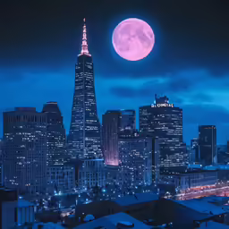 the full moon rising over a cityscape with tall buildings
