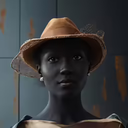 a woman in a hat and a scarf on her head