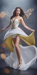 a woman in a white and gold dress