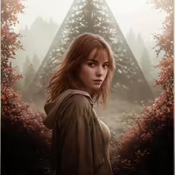 a girl in the woods with an abstract background