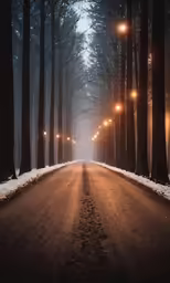 a street lit with three street lamps on both sides
