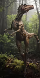 an image of a statue of a dinosaur in the woods