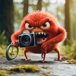 there is a small orange monster holding a camera