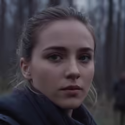 a woman with a serious look standing in front of a man
