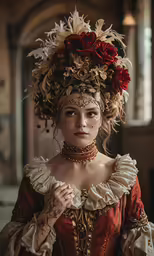a young woman in a renaissance costume looks into the camera