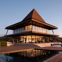 a house that is standing next to a pool