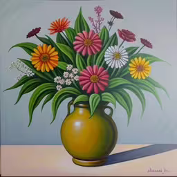 a painting of a vase with flowers in it,a painting of colorful flowers in a green vase