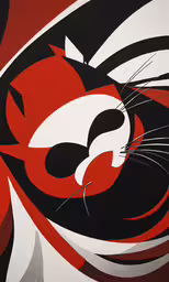 a painting with a red, white, and black cat face,a painting on canvas of a cat and its black and white pattern