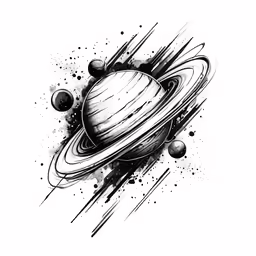 a saturn tattoo with black ink and some dots