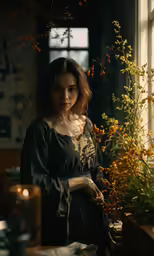a woman standing near flowers next to a window
