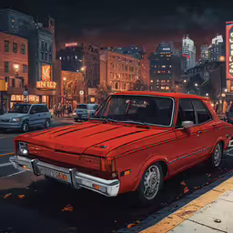 red car parked at curb of city street at night,a red car parked along side a busy street