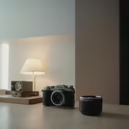 a camera sits on a table next to a lamp
