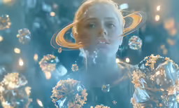 the woman is wearing an extravagant hat and blowing bubbles