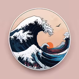a great wave on the sea with an orange background,a round sticker depicting the great wave