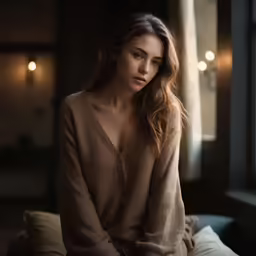 a woman sitting in front of a window and wearing a sweater