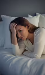a beautiful young lady laying on top of a white bed