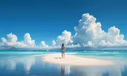 a person standing on a beach surrounded by clouds