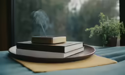 a stack of books sitting on top of a bed near a window