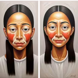 two paintings, side by side of a woman with face painted on her right and a sad looking woman with long hair,two pictures side by side, with one woman