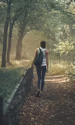 a girl walking down a path in a park