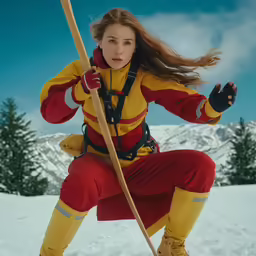a woman in a red and yellow suit holds ski poles