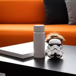 a toy is on a table in front of a bottle