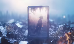 someone in a surreal landscape looking at a phone