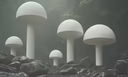 a large group of mushroom statues sitting on top of some rocks