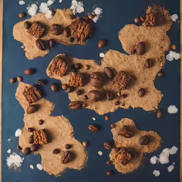 several cookies and nuts on a blue surface