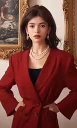 a girl in a red coat posing for a photo