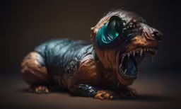 this is a toy animal that looks like a lizard with a pair of binoculars in its mouth