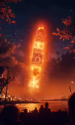 a very tall ship being lit up with lights and sound