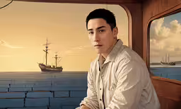 a man is sitting next to a window looking out at the water,a man looking out the window of a boat with a large ship in the background