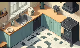 this is an illustration of a kitchen with a sink and oven