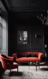 a living room with a couch and chair with a chandelier