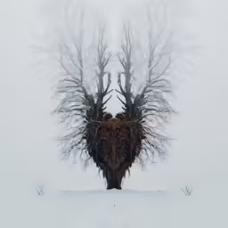 two trees are covered in snow in the winter