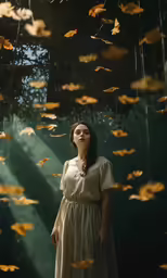 a woman standing in front of some orange butterflies