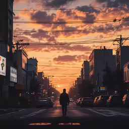 an individual is standing in the middle of the street as the sun sets