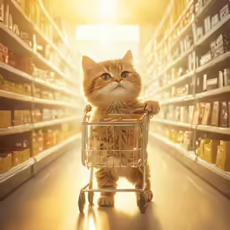 cat sitting in shopping cart looking up