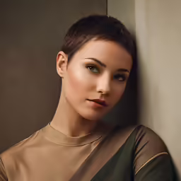 a girl wearing a brown top leaning against a wall