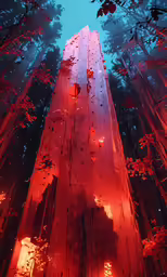 a tall red tree with trees surrounding it