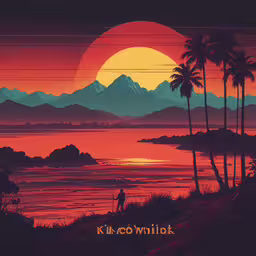 there is a picture of some mountains in the distance,a painting of mountains and palm trees in the background