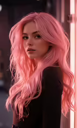 a woman wearing a black top and pink hair is standing against a wall