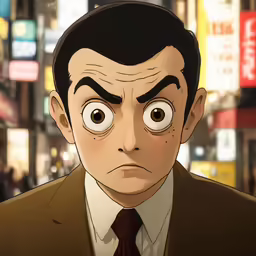 the cartoon man has huge eyes and is frowning