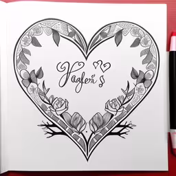 an inking heart with roses and leaves,coloring page with a heart and roses